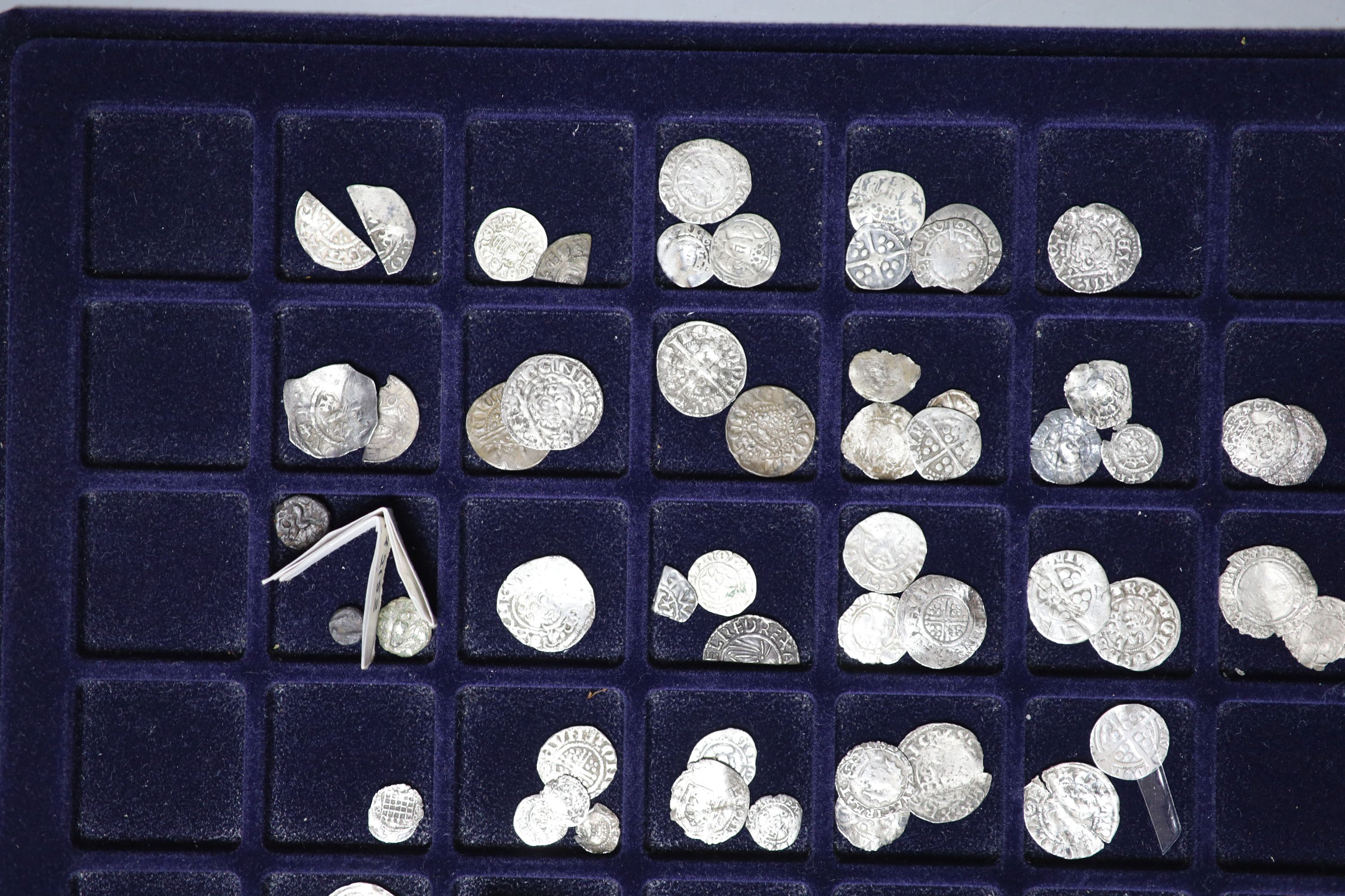 Celtic to Tudor hammered coinage - including cut half and quarter short and long cross pennies etc., one tray